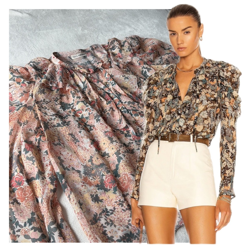 Ulla Johnson Floral Ruffle Neck Long-Sleeve Blouse in Black and Cream